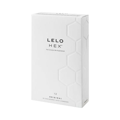 Lelo Hex Original 12-pack condom box with white hexagonal pattern and minimalist design