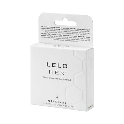 White box packaging of Lelo Hex Original 3-pack re-engineered latex condoms with hexagonal design accents.