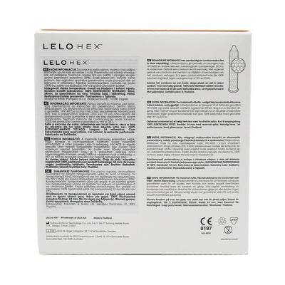 Back view of Lelo Hex Original Condoms 36-pack box showing multilingual product information and usage instructions.