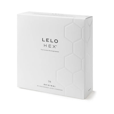 Box of Lelo Hex Original condoms featuring hexagonal pattern and minimalist white packaging, 36-count.