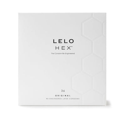 White box packaging of Lelo Hex Original condoms 36-pack with subtle hexagonal pattern and minimalist black text design.