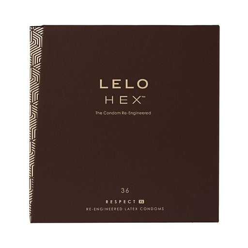 Lelo HEX Respect XL 36-pack condom box in dark brown with gold text and geometric side pattern.