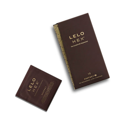 Lelo HEX Respect XL condoms 12-pack with individual dark brown foil wrapper and matching box featuring gold text and geometric design.