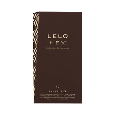 Box of Lelo HEX Respect XL lubricated latex condoms, 12-pack with geometric pattern on side.