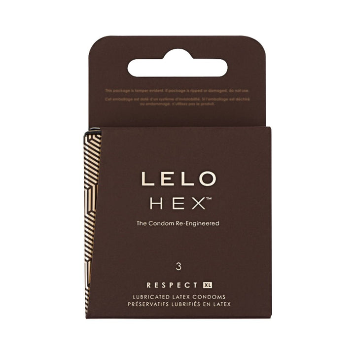 Lelo HEX Respect XL 3-pack lubricated latex condoms in sleek brown packaging with geometric design accents.