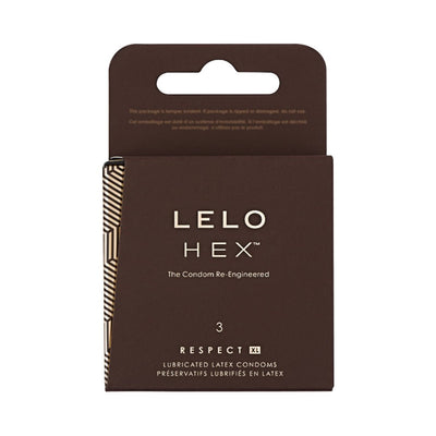 Lelo HEX Respect XL 3-pack lubricated latex condoms in sleek brown packaging with geometric design accents.