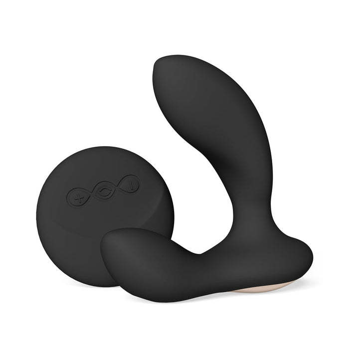 Black Lelo Hugo 2 prostate vibrator with ergonomic curved design and matching round remote control on white background.