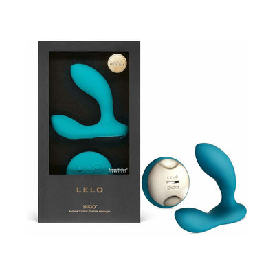 Lelo Hugo rechargeable prostate massager in teal with wireless remote and sleek black packaging box.