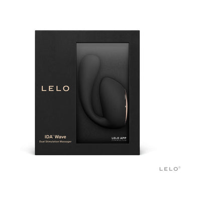 Lelo Ida Wave dual stimulation massager in sleek black displayed in elegant black packaging with gold lettering.