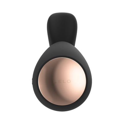 Top view of black Lelo Ida Wave dual stimulator with rose gold circular accent and ergonomic design.