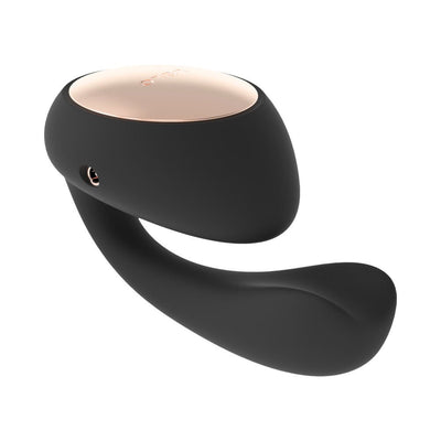 Black and rose gold Lelo Ida Wave dual stimulator with curved ergonomic design on white background.