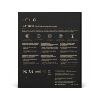 Back view of LELO IDA Wave Dual Stimulation Massager packaging highlighting product features and multilingual descriptions.