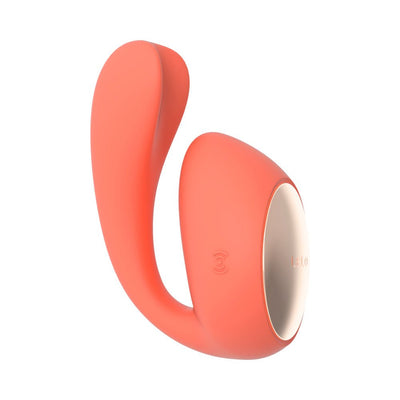 Coral-colored Lelo Ida Wave dual stimulator with smooth silicone finish and metallic accent, designed for targeted pleasure.
