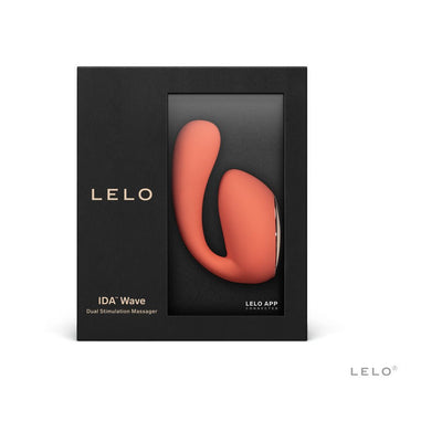 Lelo Ida Wave dual stimulation massager in coral color displayed in black packaging with app connectivity branding.