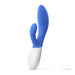 Blue and white dual stimulator with ergonomic design and control buttons, made of smooth silicone by LELO.