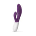 Purple and white dual stimulator vibrator with ergonomic design and smooth silicone finish standing upright on a white background.