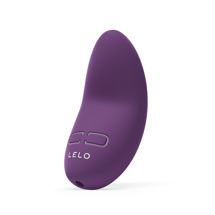 Compact purple silicone mini vibrator with smooth curved design and two control buttons by LELO.