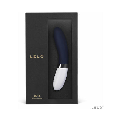 Lelo Liv 2 sleek navy and white G-spot massager in black luxury packaging with gold lettering