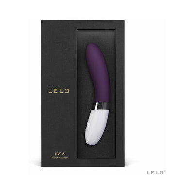 Lelo Liv 2 G-spot massager in purple and white, presented in sleek black packaging with gold lettering.