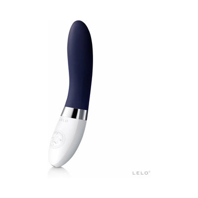 Sleek navy and white Lelo Liv 2 personal massager with ergonomic design and control buttons on the handle.