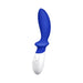 Blue and white ergonomic prostate massager with curved design and control buttons on the handle.