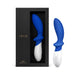 Blue and white Lelo Loki prostate massager displayed next to its black packaging box with gold lettering.