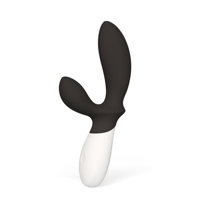 Black and white rechargeable silicone prostate vibrator with ergonomic dual stimulation design and control buttons.