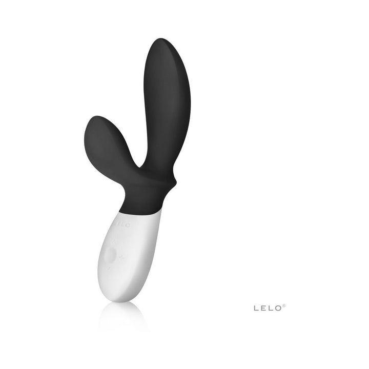 Black and white Lelo Loki Wave vibrating prostate stimulator with dual curved arms and ergonomic handle on white background.