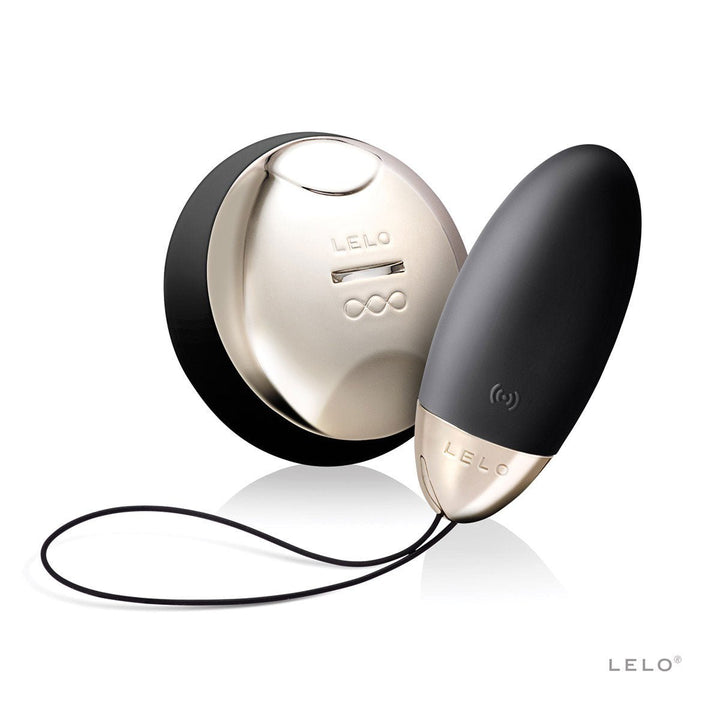 LELO Lyla 2 wireless remote-controlled bullet massager in obsidian black with sleek metallic accents and wrist loop.