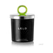 Lelo Massage Candle in black jar with silver lid and green ring handle, Snow Pear & Cedarwood scent.