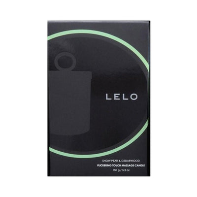 Lelo Massage Candle box in black with green circle accent, Snow Pear & Cedarwood scent, 150g size.
