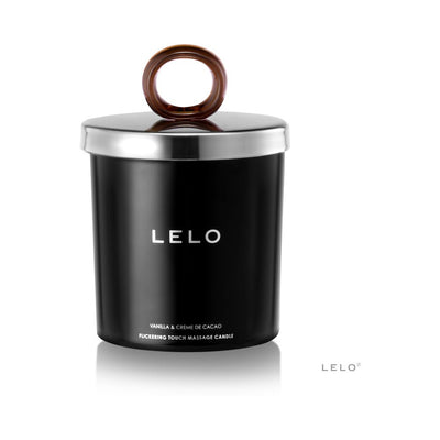 Lelo Massage Candle in black jar with silver lid and amber ring handle, Vanilla & Crème de Cacao scent.