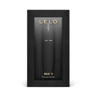 LELO Mia 3 personal vibrator in sleek black packaging with gold lettering, compact and discreet design.