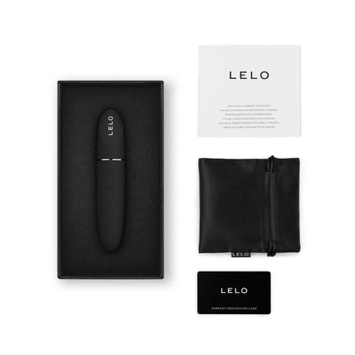 Lelo Mia 3 personal vibrator in black with user manual, storage pouch, and warranty card in packaging box.
