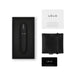 Lelo Mia 3 personal vibrator in black with user manual, storage pouch, and warranty card in packaging box.