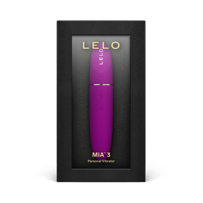 Purple Lelo Mia 3 personal vibrator in black gift box with gold lettering and clear display window.