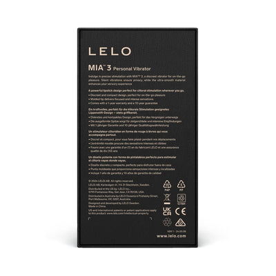 Back view of Lelo Mia 3 personal vibrator packaging with product details and multilingual descriptions.