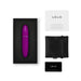 Purple Lelo Mia 3 personal vibrator in black box with user manual, black storage pouch, and warranty card on white background.