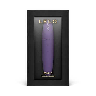 Lelo Mia 3 compact personal vibrator in purple with plus and minus buttons in black gift box packaging