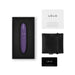 Purple Lelo Mia 3 personal vibrator in black box with user manual, black storage pouch, and warranty card on white background.