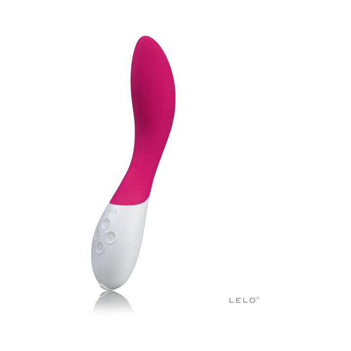 Pink and white curved personal massager with ergonomic design and control buttons on the handle by LELO Mona 2.