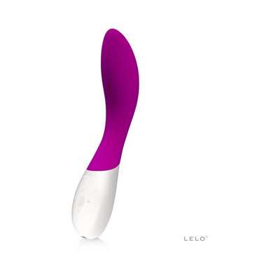 Purple and white ergonomic silicone G-spot stimulator with curved design and control buttons on the base by LELO.