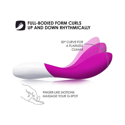 Lelo Mona Wave vibrator showing its 30-degree curved tip and rhythmic full-bodied motion for targeted G-spot stimulation.