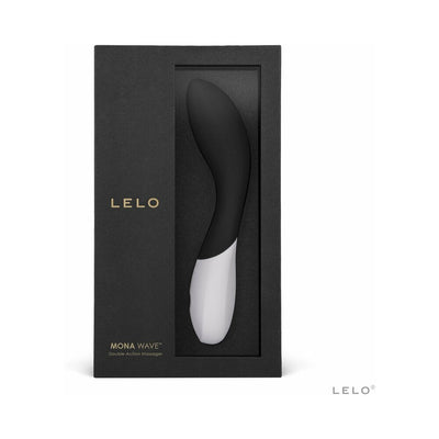 Lelo Mona Wave black and white ergonomic G-spot massager in sleek black packaging with gold lettering.