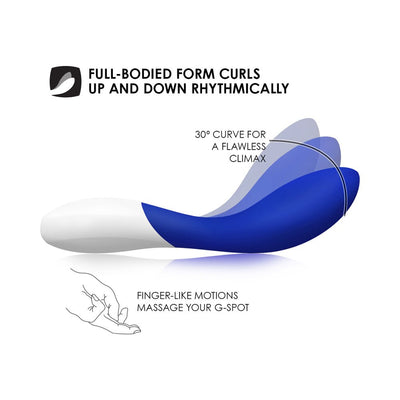 Diagram of Lelo Mona Wave showing its 30° curved tip and rhythmic curling motion designed to mimic finger-like G-spot massage.