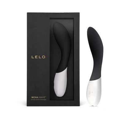 Lelo Mona Wave black and white ergonomic G-spot massager with packaging box on white background.