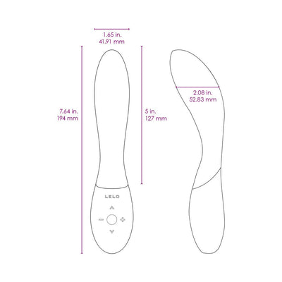 Line drawing of Lelo Mona Wave with detailed measurements in inches and millimeters shown from front and side views.