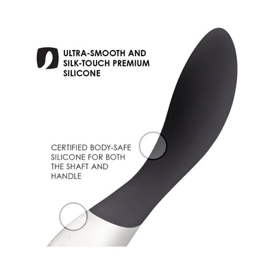 Close-up of Lelo Mona Wave in black showing ultra-smooth, body-safe silicone shaft and handle with matte finish.