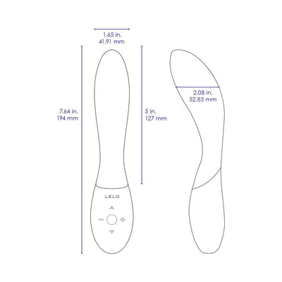 Line drawing of Lelo Mona Wave vibrator with detailed measurements in inches and millimeters shown from front and side views.
