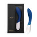 Blue and white Lelo Mona Wave G-spot stimulator with ergonomic curve, shown inside black packaging and standing beside it.